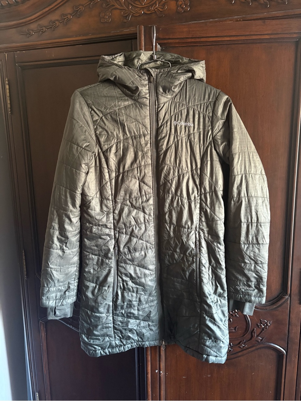 Columbia Women Heavenly Long Jacket Gray Hooded Omni Heat Insulated Medium